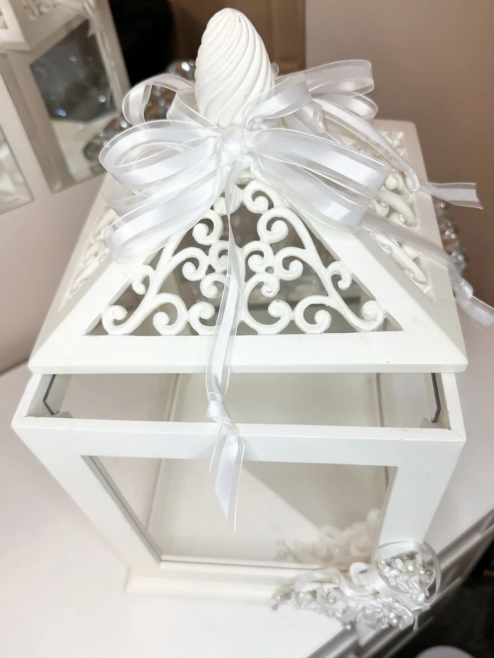 Wedding Card Reception Box- Off White with Ribbon and Pearl Accents